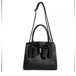 Grossi Faux Ostrich Vegan Leather Satchel: Elegant Black Double Bow
